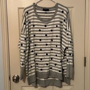 White, gray and black Striped and polka dot Long sleeve top. PLUS SIZE
